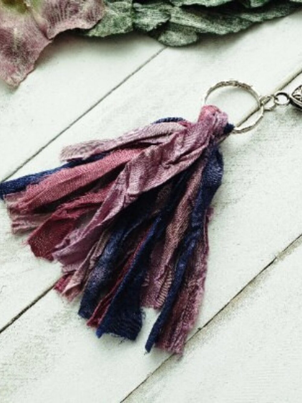 Handmade Boho Sari Silk Cotton Tassel Keychain Purple Navy Purse Charm